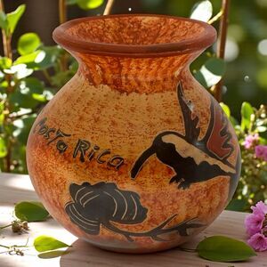 Vintage Costa Rica Chorotega Pottery Vase – Guaitil Hummingbird & Flower 4" Tall